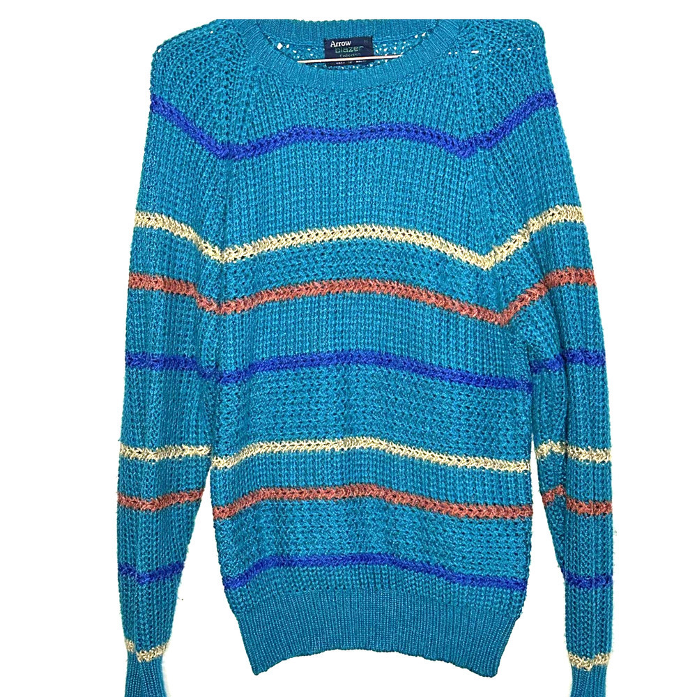 Vintage Teal Striped Blue Yellow Orange Arrow Sweater Grandpacore Size Medium